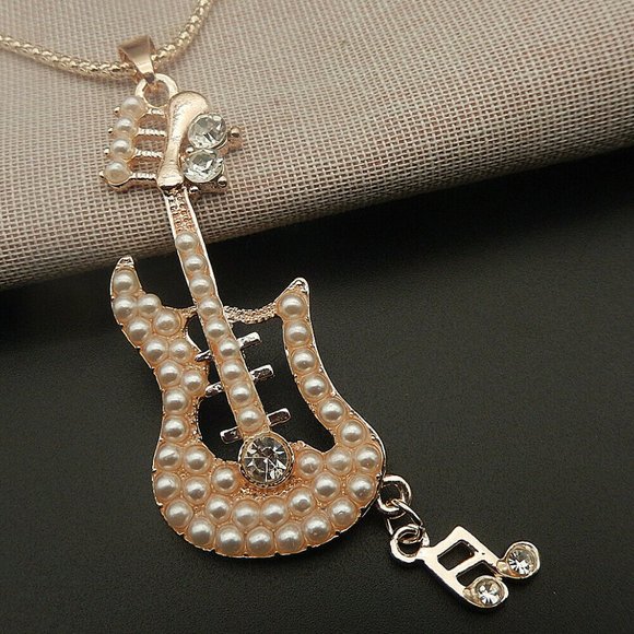 Pearl and Crystal GUITAR & Music Note NECKLACE 27" Chain - Picture 2 of 2
